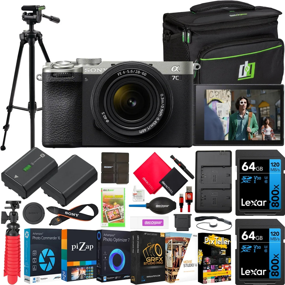 Body with Case Extra Software Silver a7C + Deco Bag + Gear Frame Charger Tripod + Battery + & F4-5.6 Sony Mirrorless Full Photography II Bundle ILCE-7CM2L/S Kit Camera Accessories Lens 28-60mm with