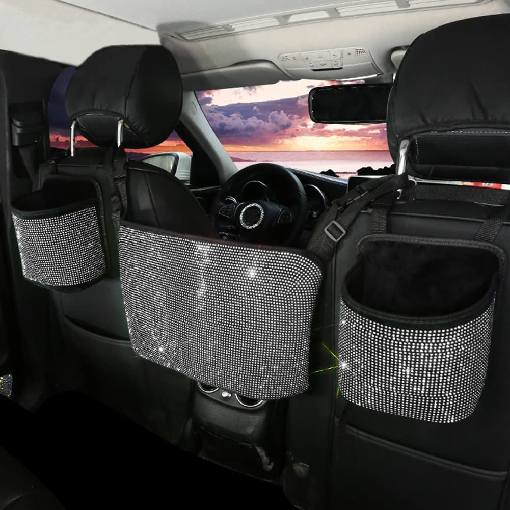 Between Car Bling StorageTrash Handbag Seat,Back Accessories Organizer,Car Backseat Bag,3-Pack Seat Can,Rhinestones - Pocket Storage Seat Plush,White Car Auto Holder Net eing