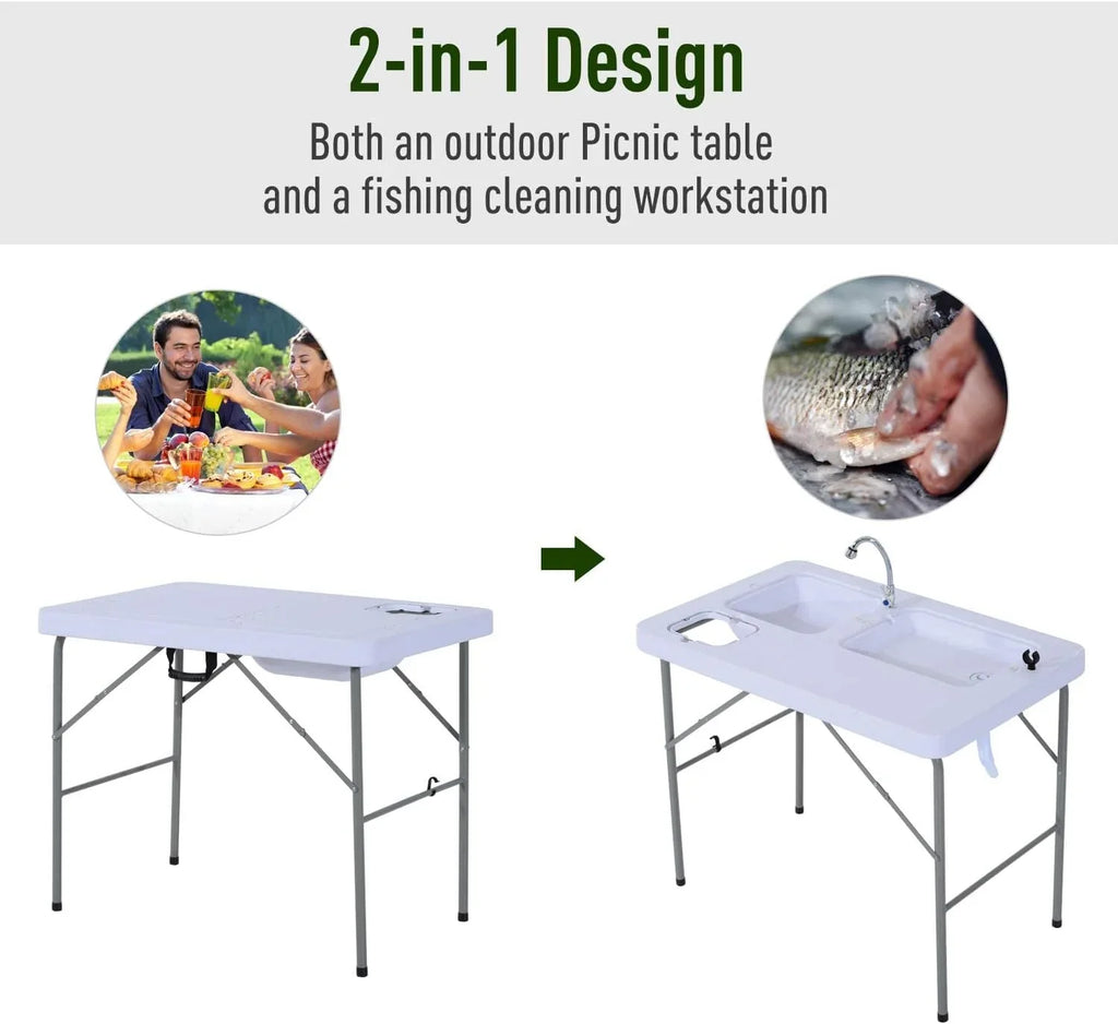 Table Table Outdoor Folding with Basins, Water Camping Sink for Station, Faucet Dual and Picnic, Fish Fishing, 40''