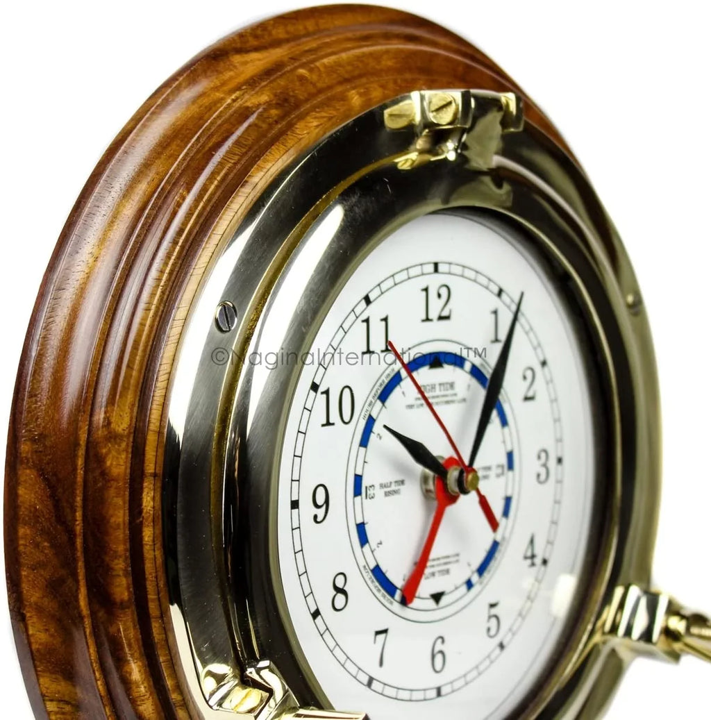 Hanging Clock International 10" Based Brass | Ship's Wooden Quartz Premium Porthole Pirate Decorative Home Wall Nagina Time's Nautical