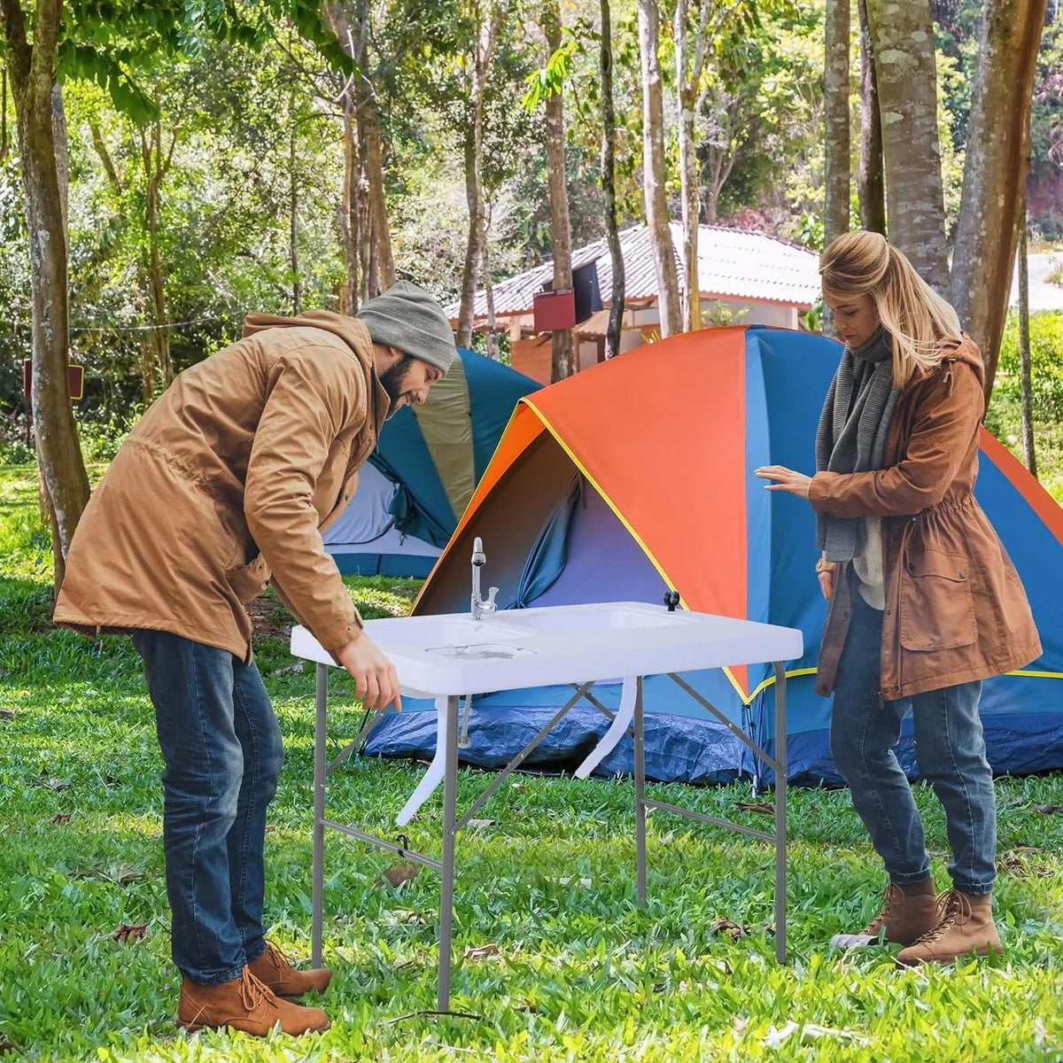 Table Table Outdoor Folding with Basins, Water Camping Sink for Station, Faucet Dual and Picnic, Fish Fishing, 40''