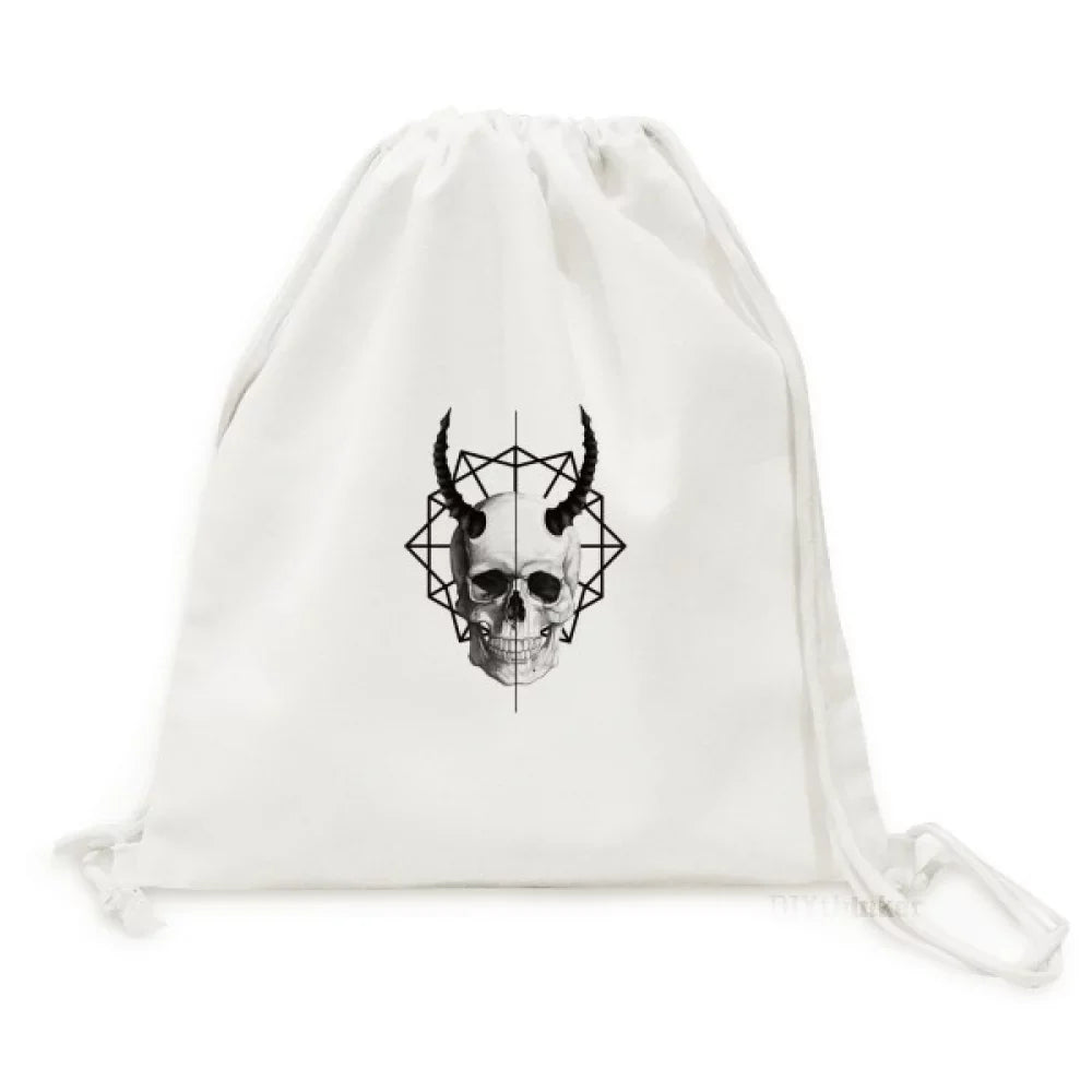 Horn Deco Fashion Face Backpack Drawstring Reusable Canvas Mesh Bag Line Shopping l Art