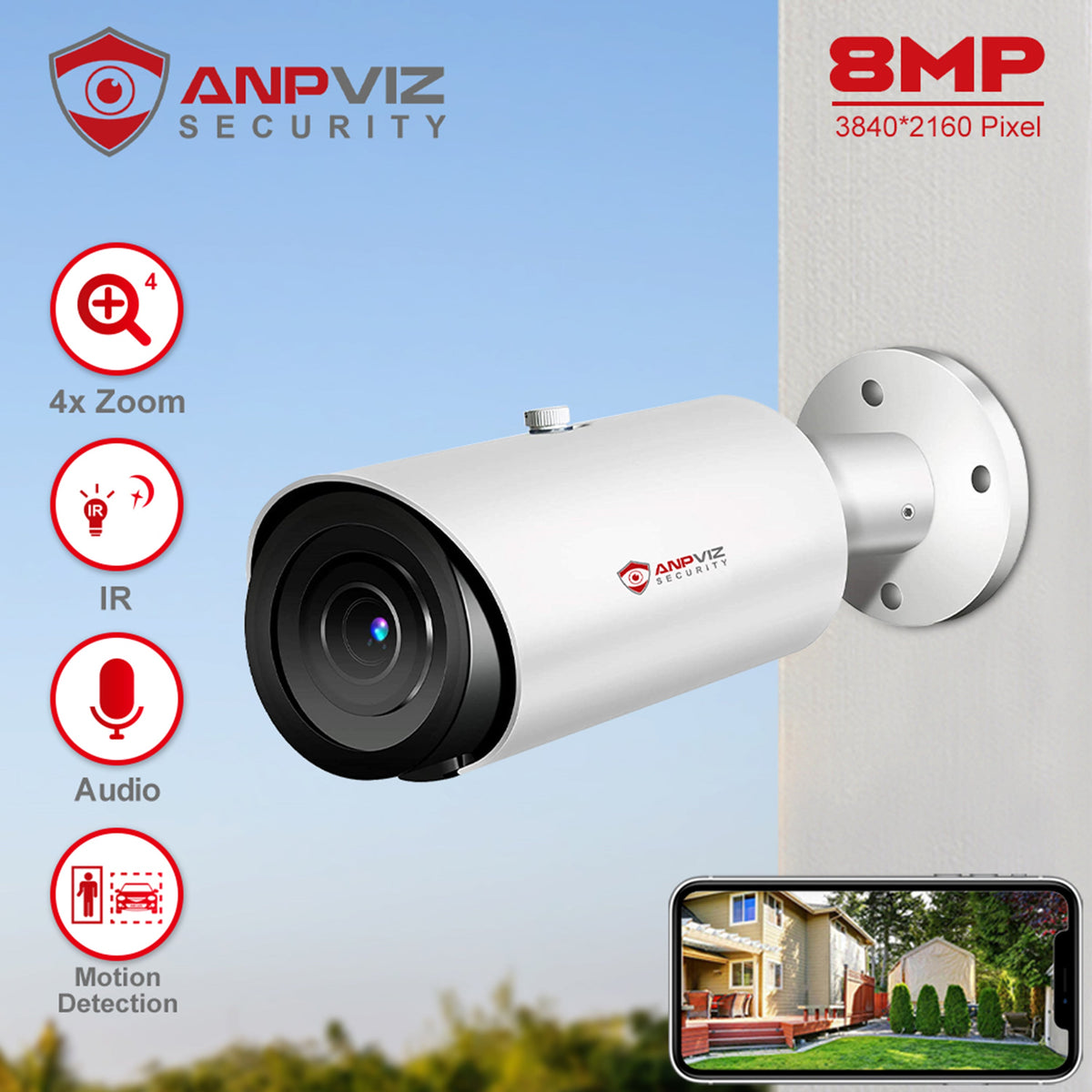 Camera Bullet Distance Built IR IP66 H.265 in Mic 4X Camera ANPVIZ 8MP Support Vehicle Human Zoom Detection 30M