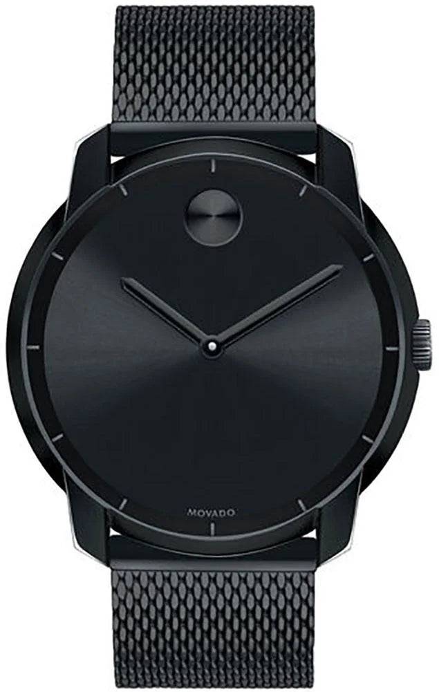 Mesh Black Movado Band Mens Black Watch Bold Steel Dial Stainless Quartz Ion-plated 3600261