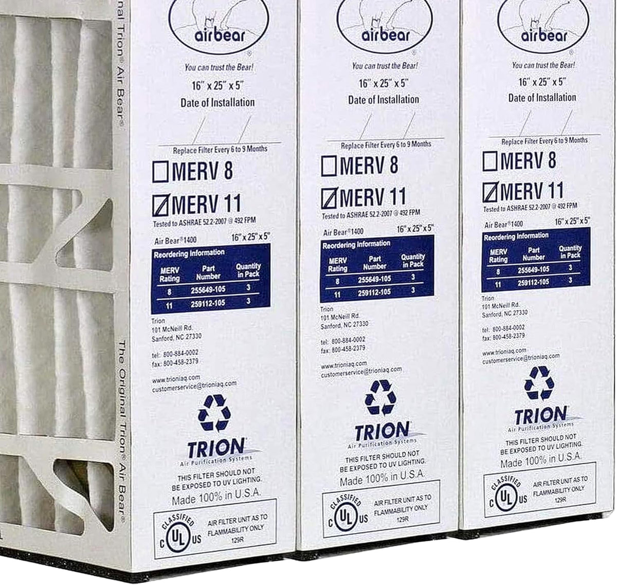 White Pack) x Cleaner for 5 Air Purification Air 25 11 Purifier High 16 Performance Bear x Replacement MERV Filter Systems, Inch (3