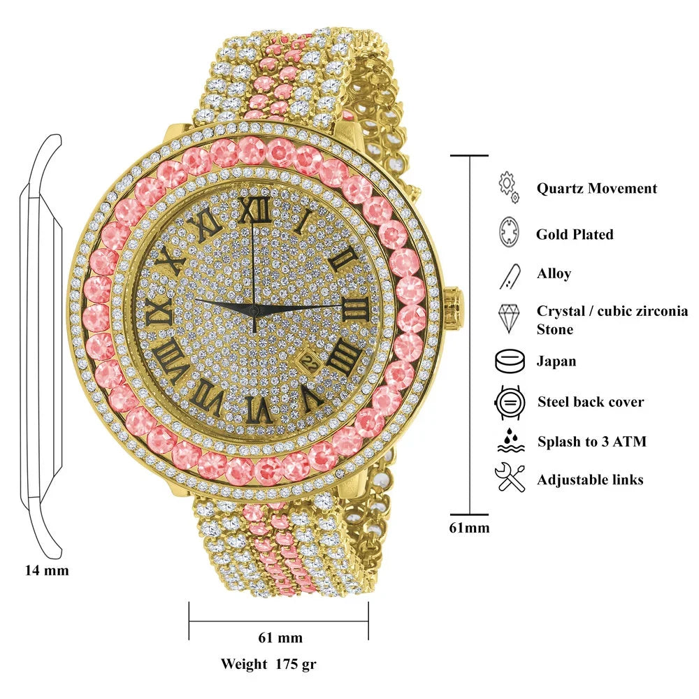 Big Diamond Watch Mens Numeral Roman Size Pink Jo Gold Dial Face Custom Band Adjustable Tourmaline Simulated Tone Rodeo