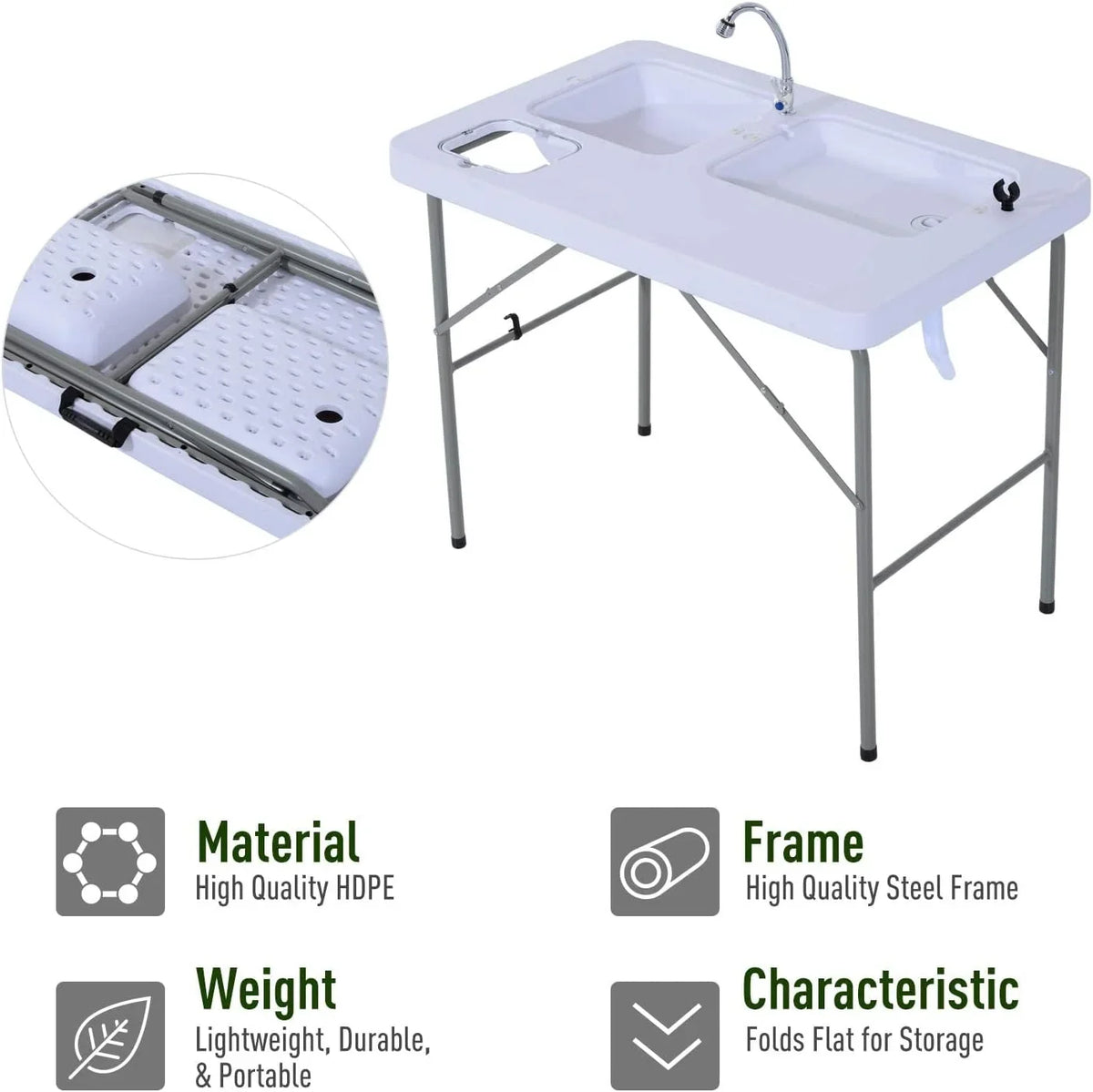 Table Table Outdoor Folding with Basins, Water Camping Sink for Station, Faucet Dual and Picnic, Fish Fishing, 40''