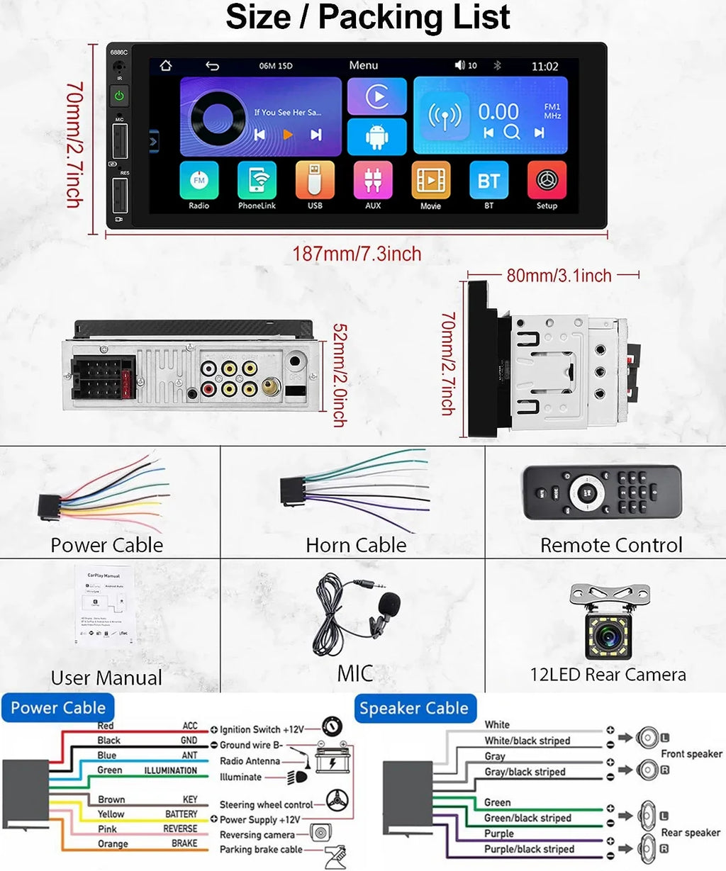 Player Wireless Din Touchscreen Auto 1 Receiver Radio Link FM HD Mic&Backup Camera 6.86'' Android Carplay Car MP5 Single Multimedia Car Mirror Bluetooth Podofo USB,with Stereo Audio