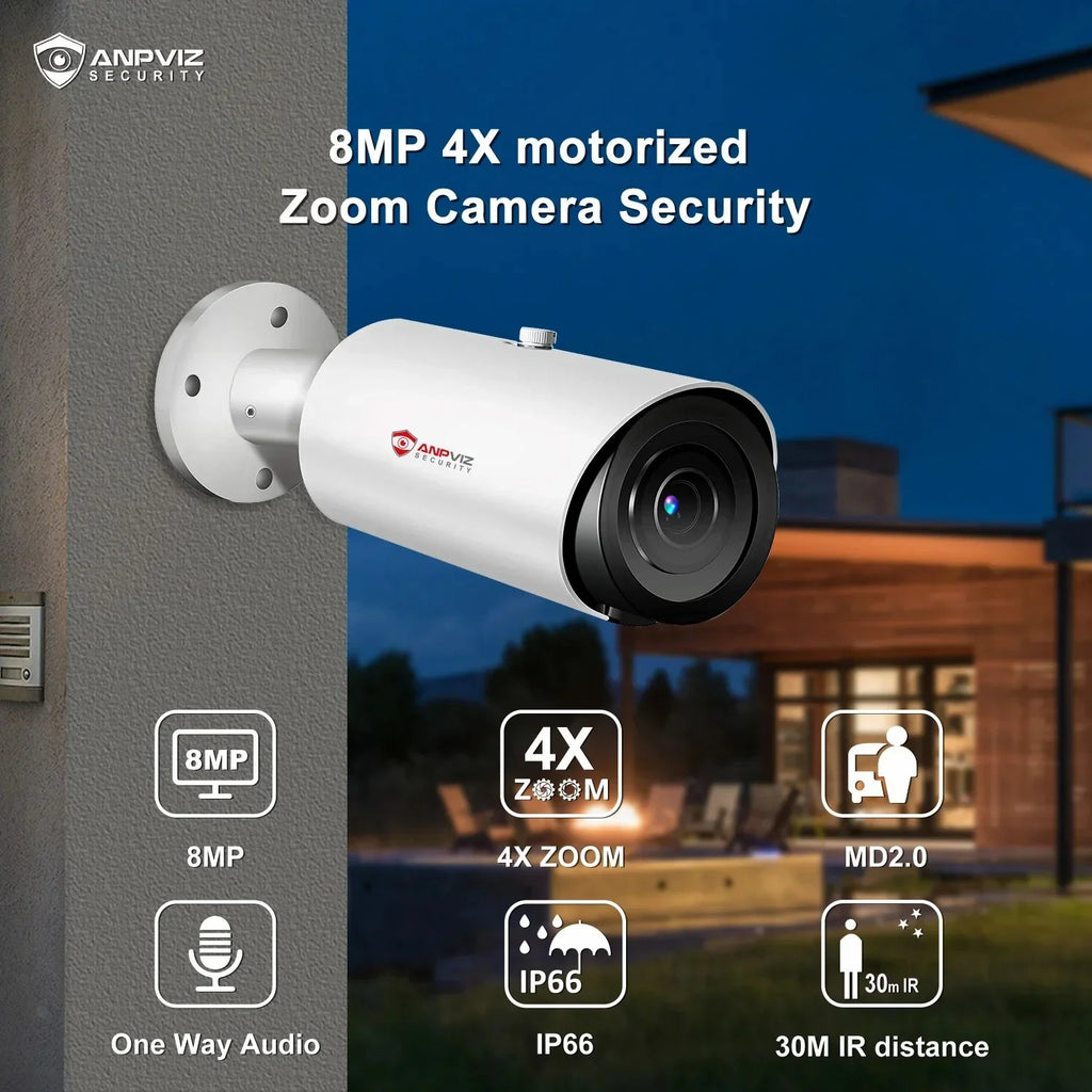 Camera Bullet Distance Built IR IP66 H.265 in Mic 4X Camera ANPVIZ 8MP Support Vehicle Human Zoom Detection 30M