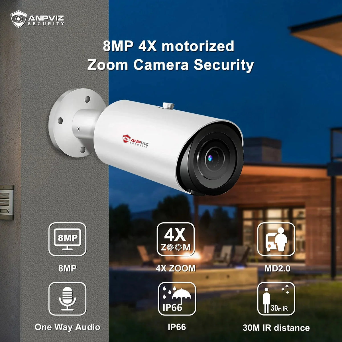Camera Bullet Distance Built IR IP66 H.265 in Mic 4X Camera ANPVIZ 8MP Support Vehicle Human Zoom Detection 30M