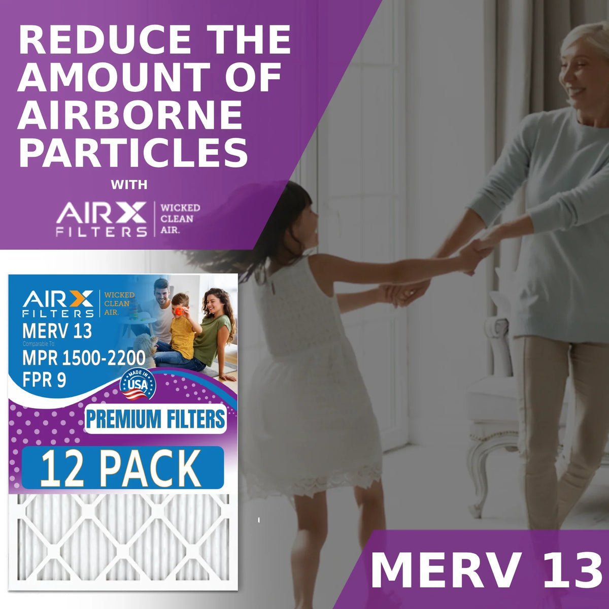 Made Rating, Air WICKED AIR. 12x12x1 AIRX 2200 - MERV by CLEAN Filters USA 13 9 Pack 1500 in FPR of to 12 Furnace & FILTERS MPR Filter Comparable -