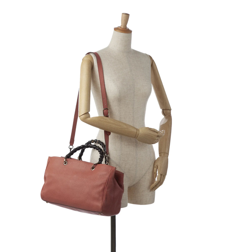 Authenticated Shopper Leather Calf Pink Pre-Owned Satchel Bamboo Gucci Unisex (Fair)