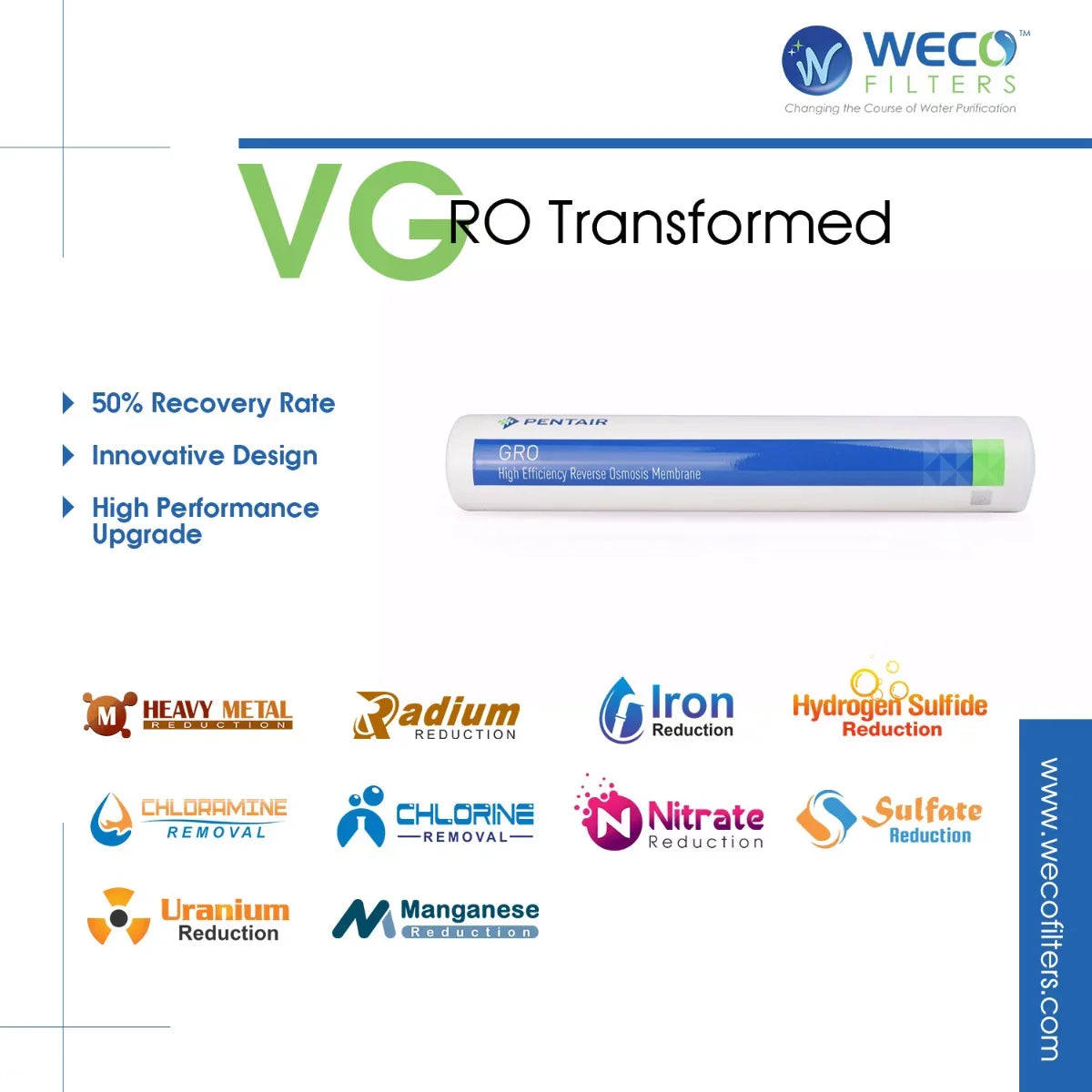 Drinking Osmosis with Booster Pump Reverse Efficiency VGRO-75PMP System WECO Water Filtration High