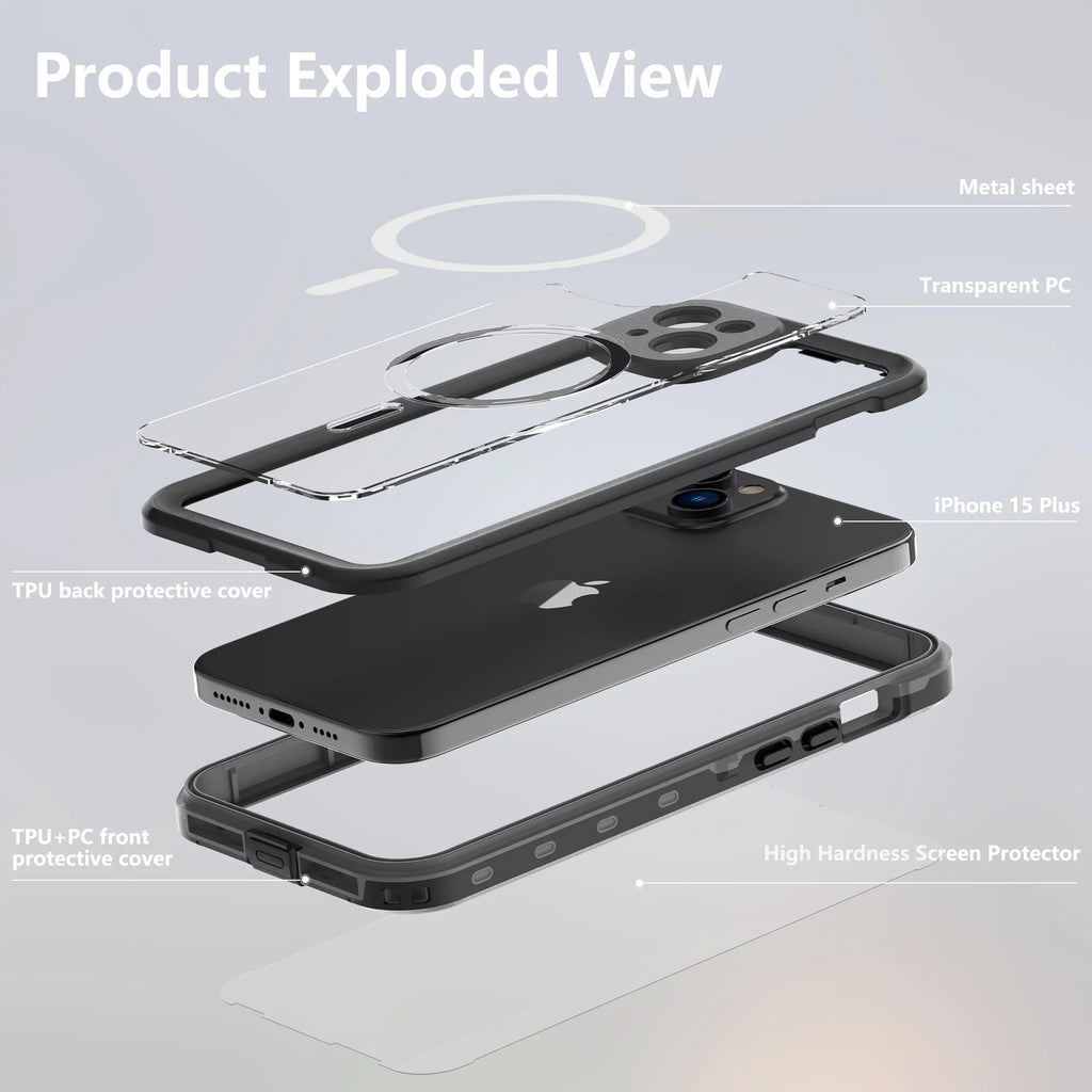 Underwater for 6.7inch,Black Waterproof Proof - Military 15 ELEHOLD for Rugged Plus Screen 15 Magnetic Plus IP68 Protector Duty iPhone Case Built-in Full-Body Drop Shockproof Case, Heavy iPhone