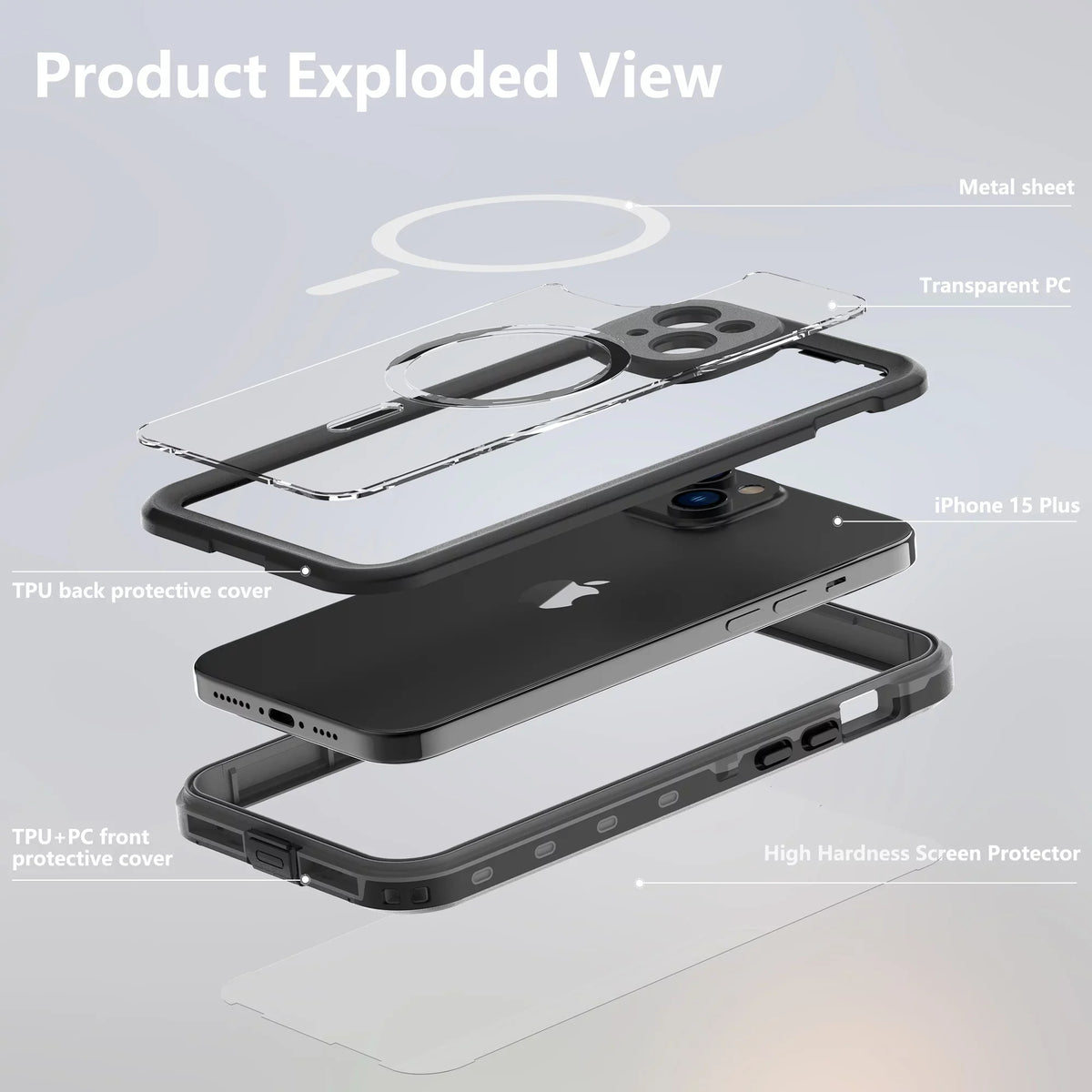 Underwater for 6.7inch,Black Waterproof Proof - Military 15 ELEHOLD for Rugged Plus Screen 15 Magnetic Plus IP68 Protector Duty iPhone Case Built-in Full-Body Drop Shockproof Case, Heavy iPhone