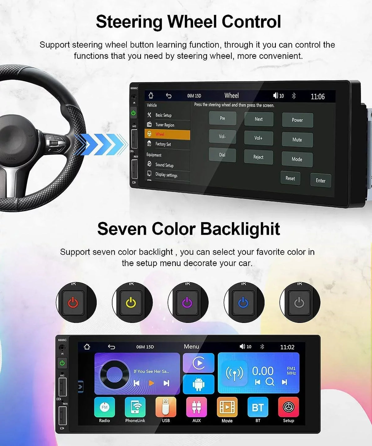 Player Wireless Din Touchscreen Auto 1 Receiver Radio Link FM HD Mic&Backup Camera 6.86'' Android Carplay Car MP5 Single Multimedia Car Mirror Bluetooth Podofo USB,with Stereo Audio