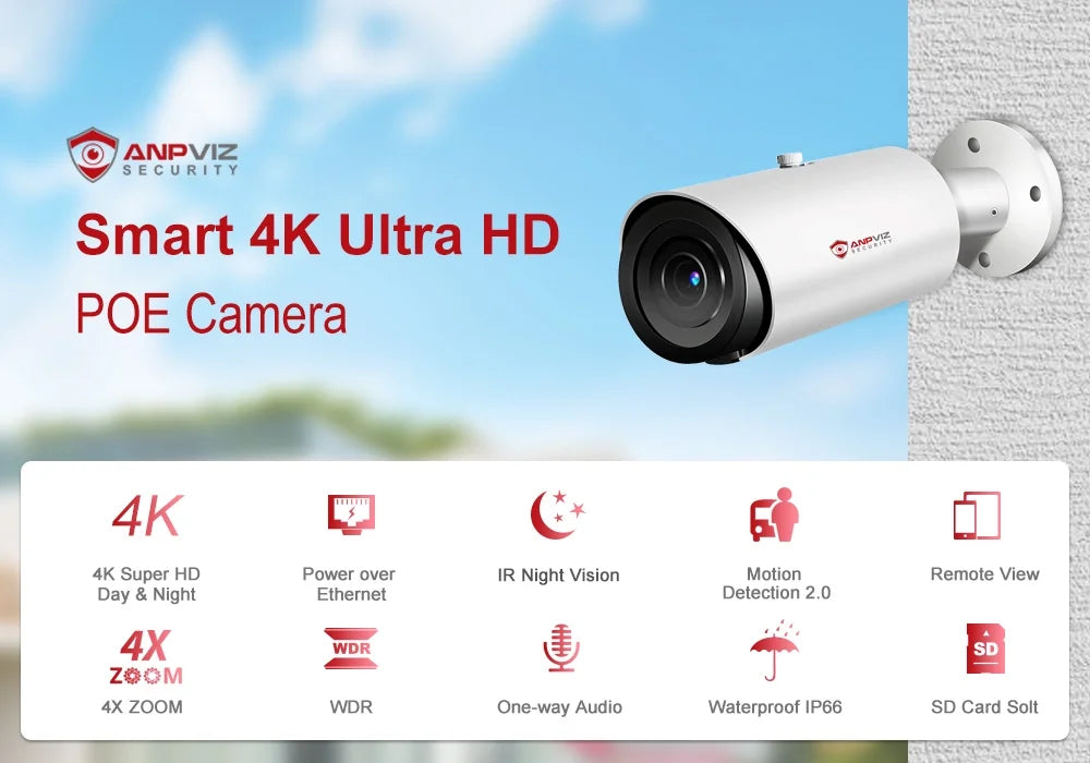 Camera Bullet Distance Built IR IP66 H.265 in Mic 4X Camera ANPVIZ 8MP Support Vehicle Human Zoom Detection 30M