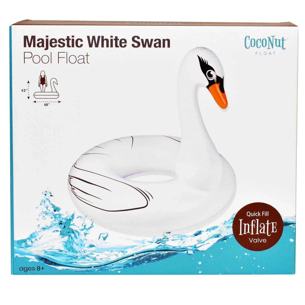 Water Majestic Swan Party 48"x43" Durable, Round Anti-Leak, White Inflatable, Ring Raft, - Float: Pool Jumbo CocoNut