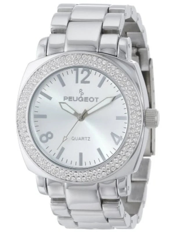 Bezel Metal Watch Silver All Bracelet Swarovski Women's with Link Oversized Peugeot 7075S Crystal Boyfriend