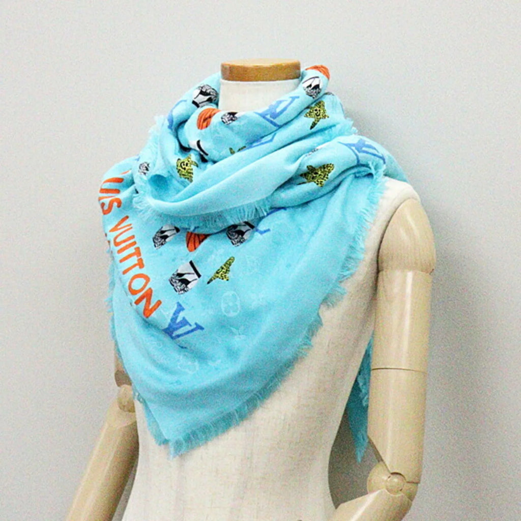Louis Jonas Vuitton stole silk shawl JONAS WOOD 60% 40% Pre-Owned (Like New) wool Wood basketball/flower/pot monogram blue M76053