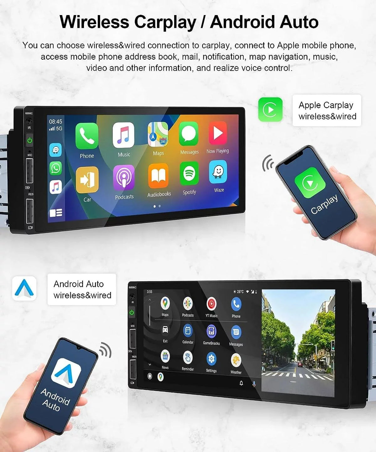 Player Wireless Din Touchscreen Auto 1 Receiver Radio Link FM HD Mic&Backup Camera 6.86'' Android Carplay Car MP5 Single Multimedia Car Mirror Bluetooth Podofo USB,with Stereo Audio