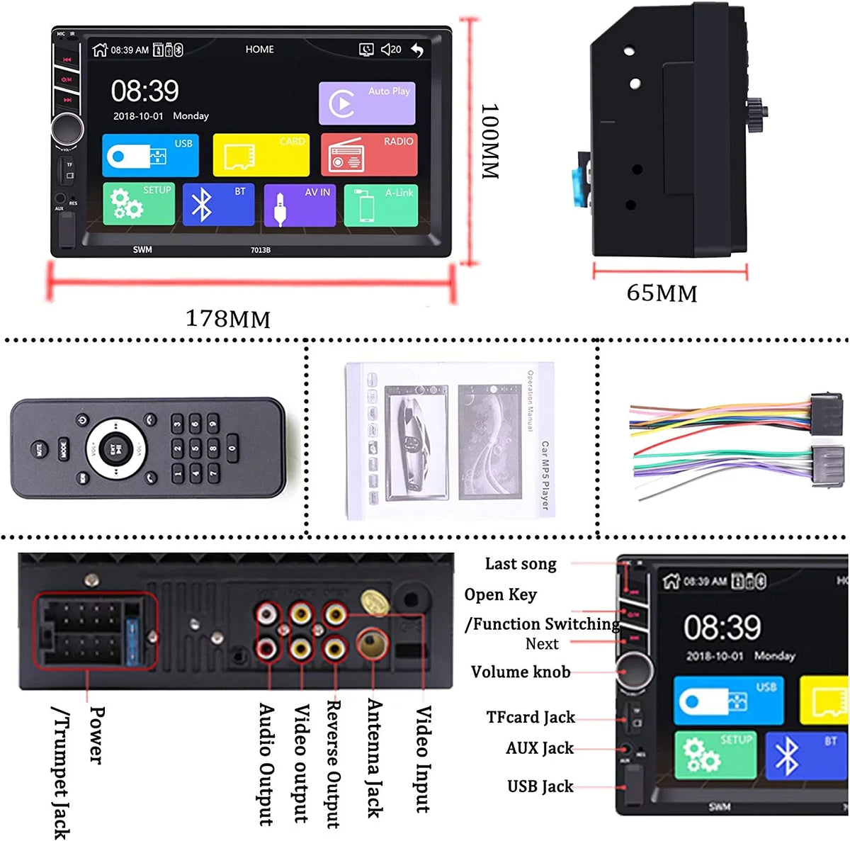Wheel Android 7 Reversing Auto Touchscreen Compatible Unit/MP5 Binize Input/Steering Radio Car Image Carplay Double Head Bluetooth Stereo with Control/USB/Remote Din Player/FM/AM,Support inch