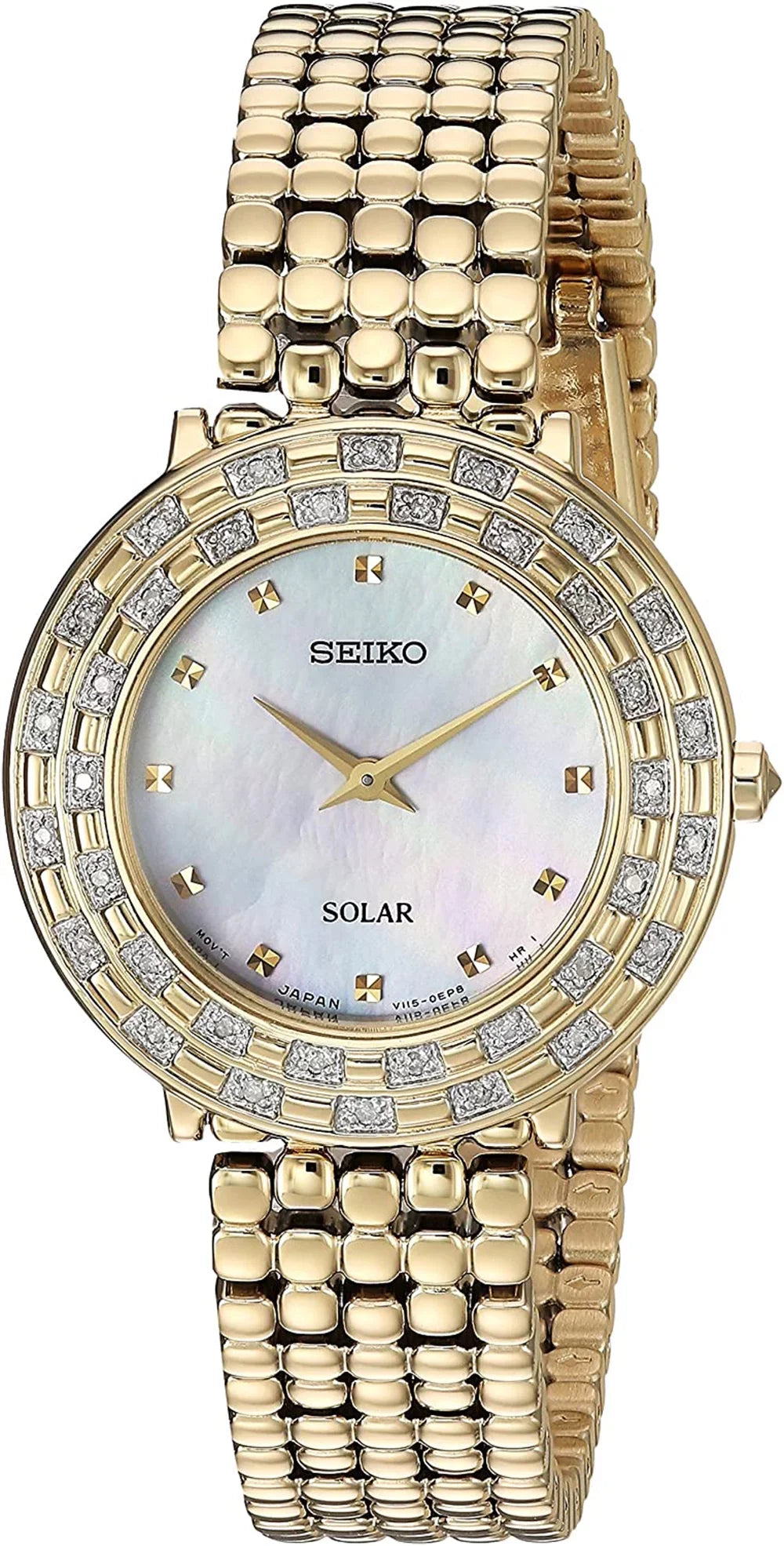 Stainless Seiko Diamonds Steel Women's Tressia Gold Tone SUP374 Solar Watch